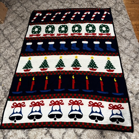 Other - Vtg San Marcos Christmas Blanket Wreaths Candles Stockings Bells Stockings 61x81